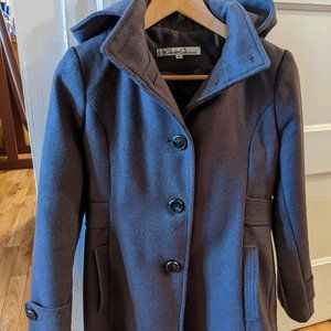 Cute gray wool-blend pea coat, 6P, with hood